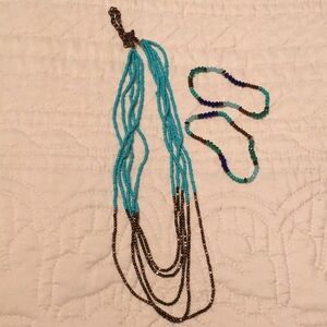 Beaded Necklace and Bracelet Set - Turquoise and Brown